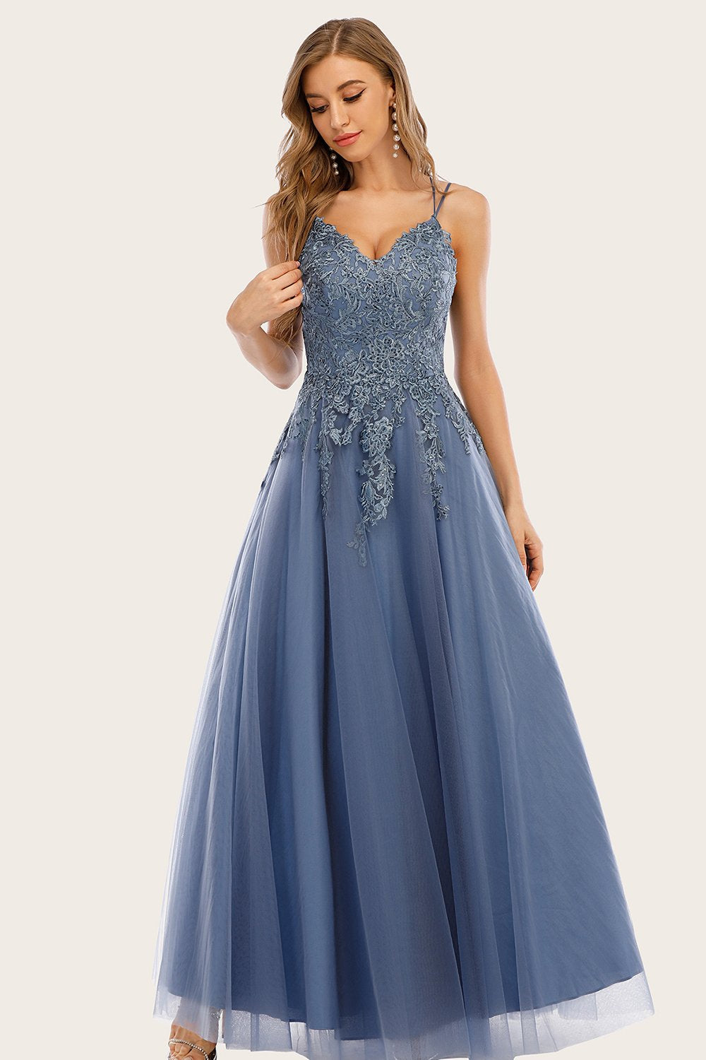 Robe dusty blue long prom avec dentelle