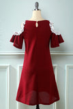 Dark Red Off the Shoulder Knitted Dress avec appliques