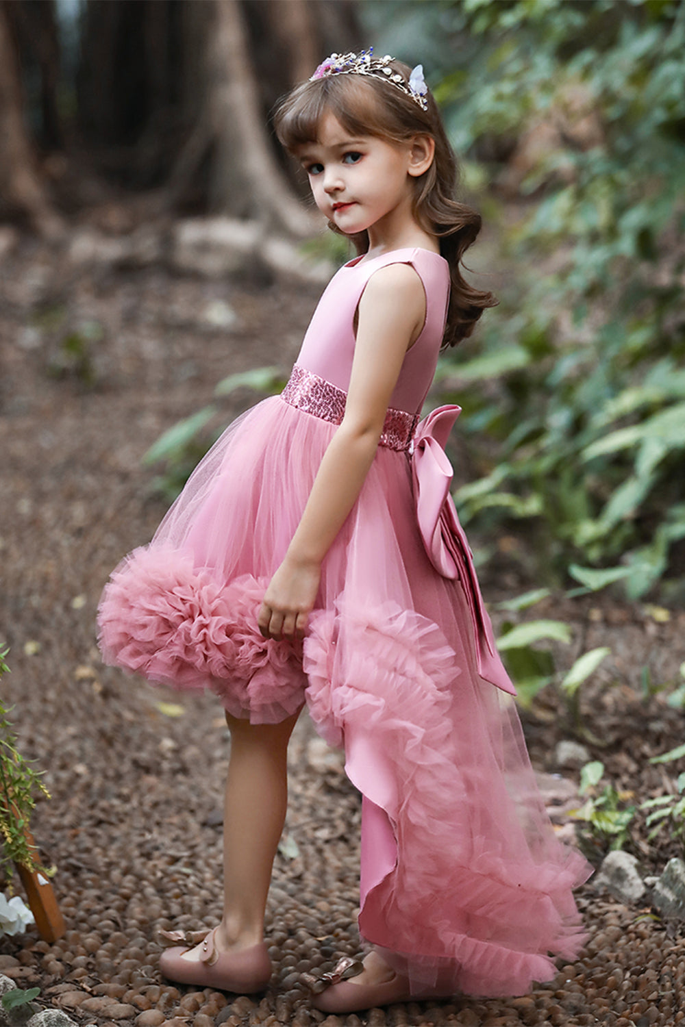 Blush High Low Flower Girl Robe avec fleurs