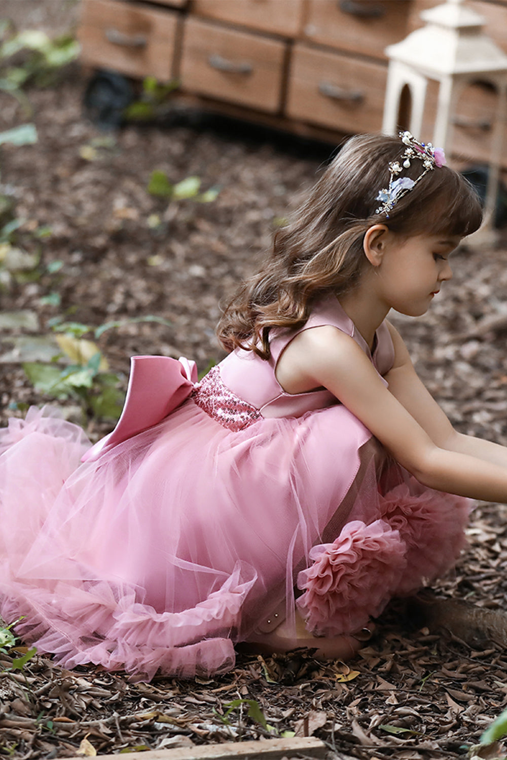 Blush High Low Flower Girl Robe avec fleurs