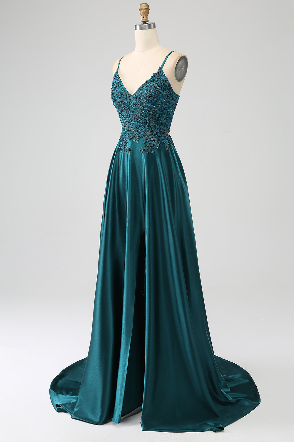 Robe de soirée longue à bretelles spaghetti vert paon A-ligne avec fente