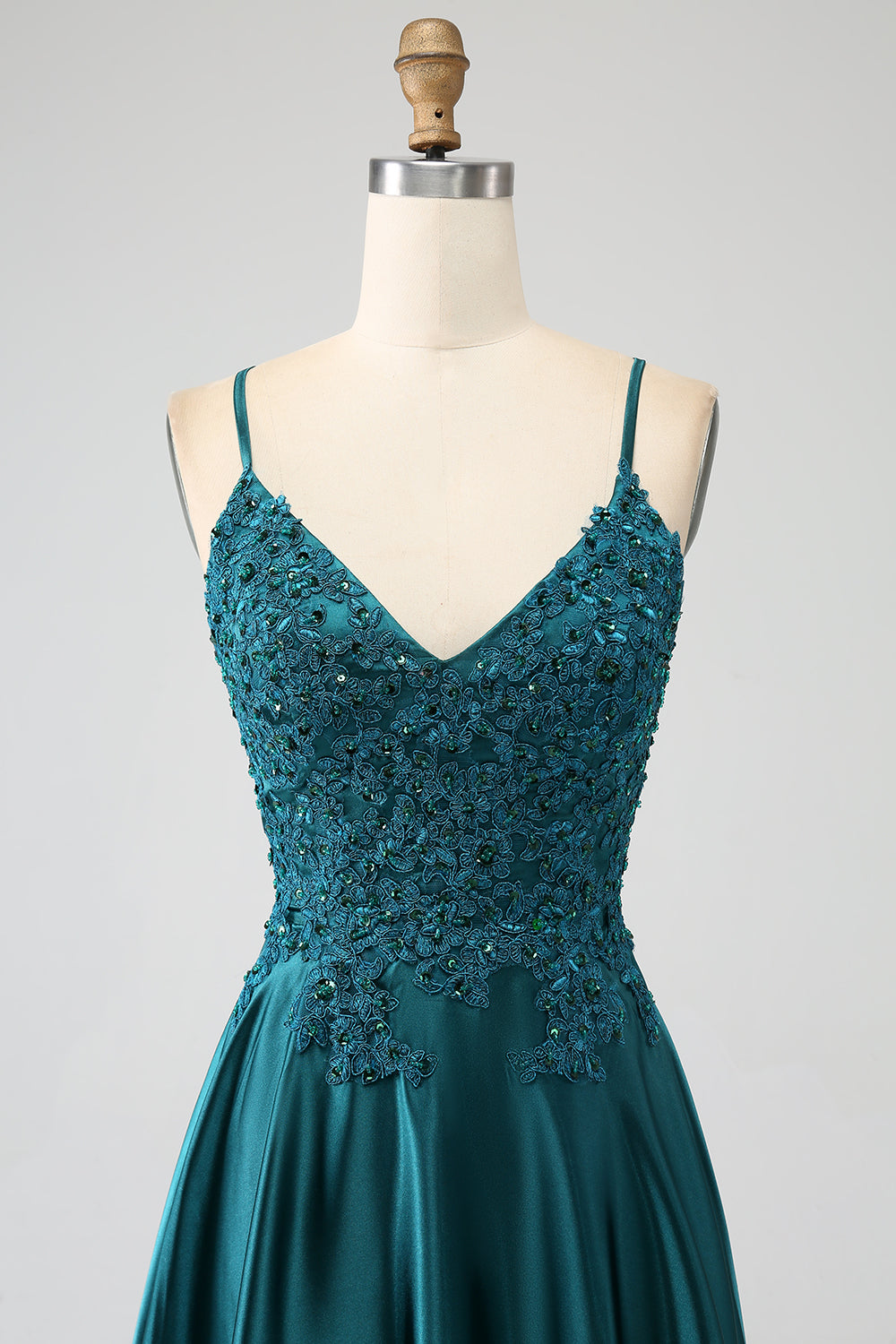 Robe de soirée longue à bretelles spaghetti vert paon A-ligne avec fente