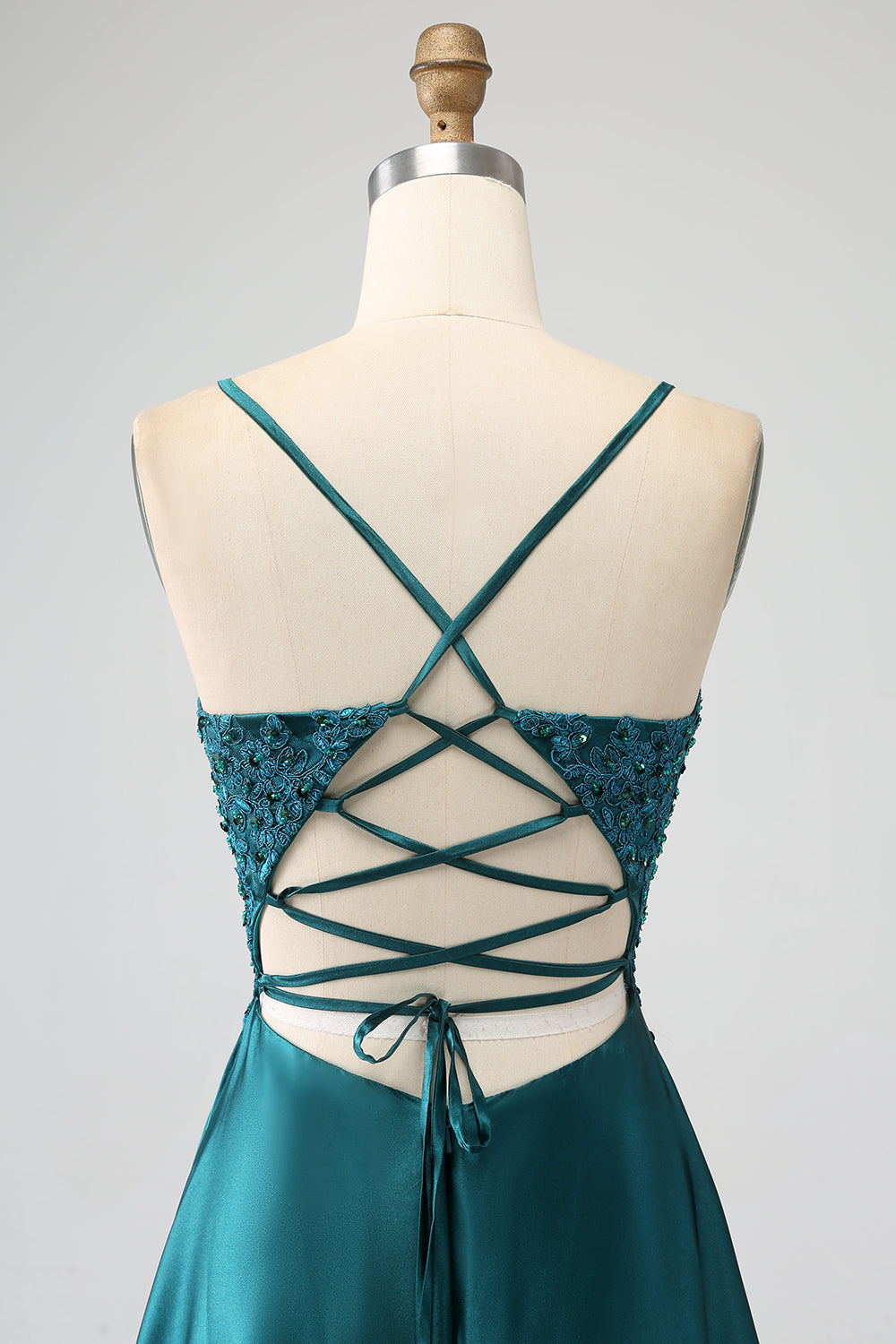 Robe de soirée longue à bretelles spaghetti vert paon A-ligne avec fente
