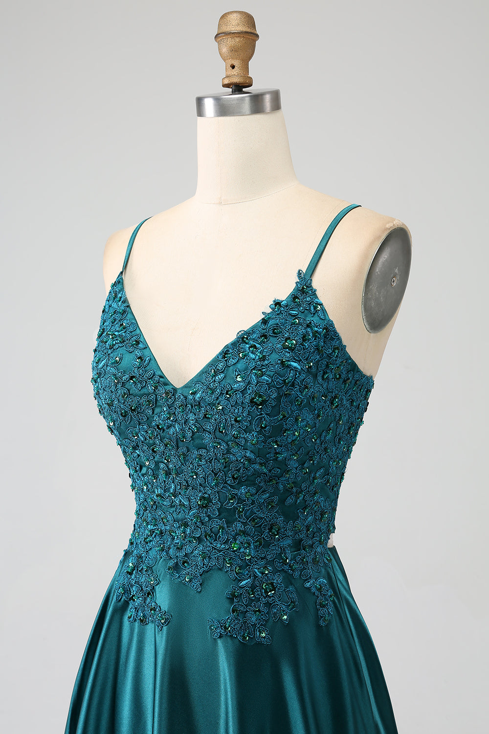 Robe de soirée longue à bretelles spaghetti vert paon A-ligne avec fente