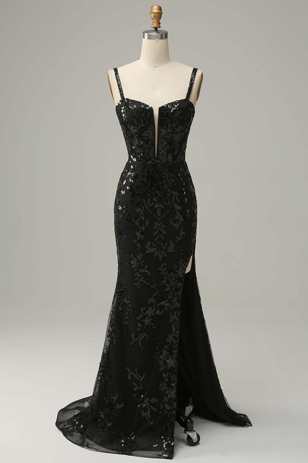 Sangles Spaghetti Sirène Paillettes Noires Robe longue de bal avec front fendu