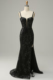Sangles Spaghetti Sirène Paillettes Noires Robe longue de bal avec front fendu