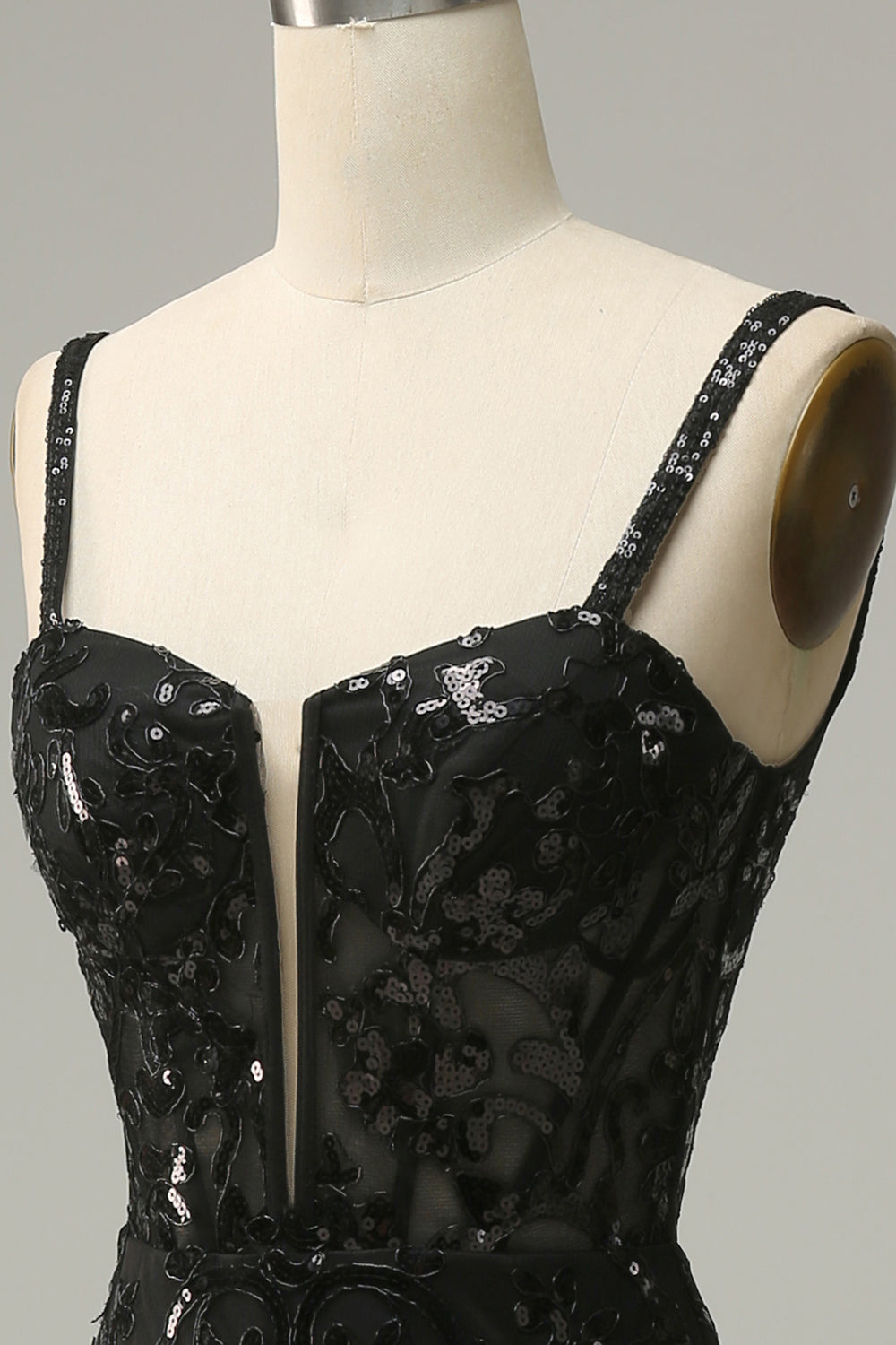 Sangles Spaghetti Sirène Paillettes Noires Robe longue de bal avec front fendu