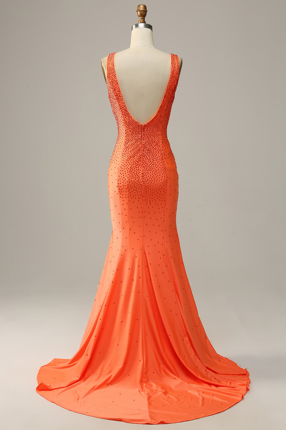 Robe de soirée longue orange à col en V sirène avec Perles