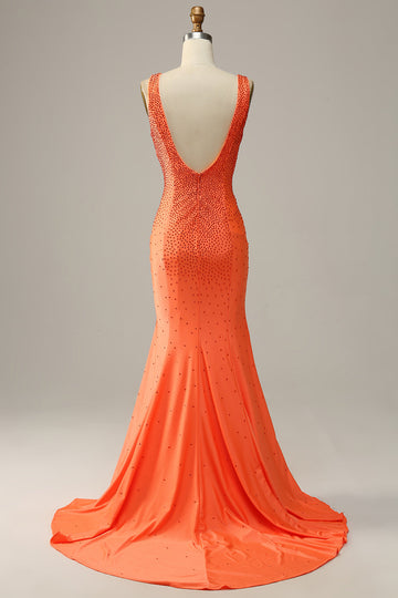 Robe de soirée longue orange à col en V sirène avec Perles