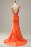 Robe de soirée longue orange à col en V sirène avec Perles