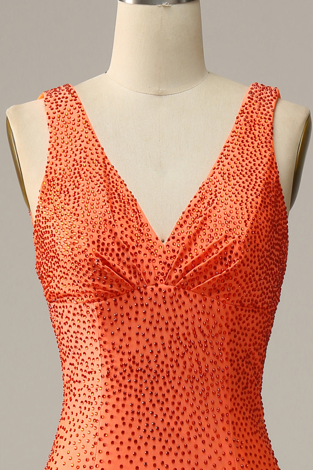 Robe de soirée longue orange à col en V sirène avec Perles