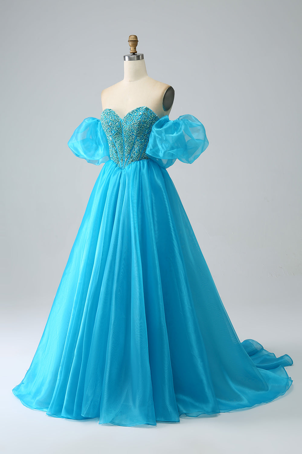 Robe de soirée Corset perlé bleu avec manches amovibles