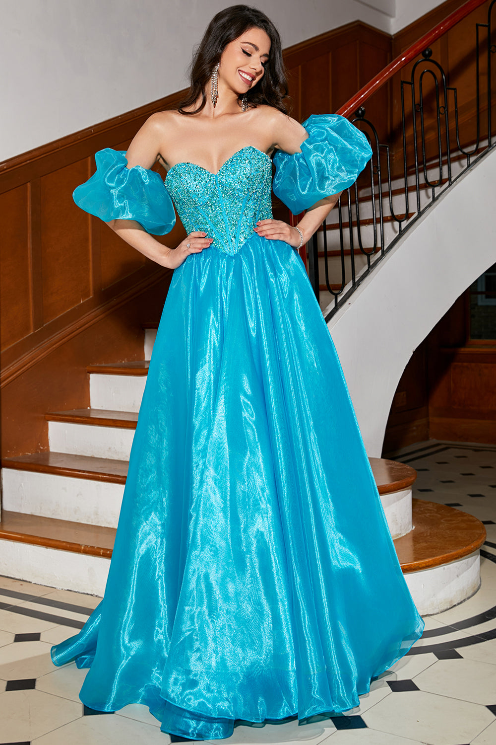 Robe de soirée Corset bleu A-ligne avec perles