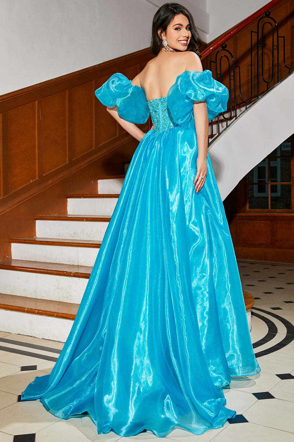 Robe de soirée Corset bleu A-ligne avec perles