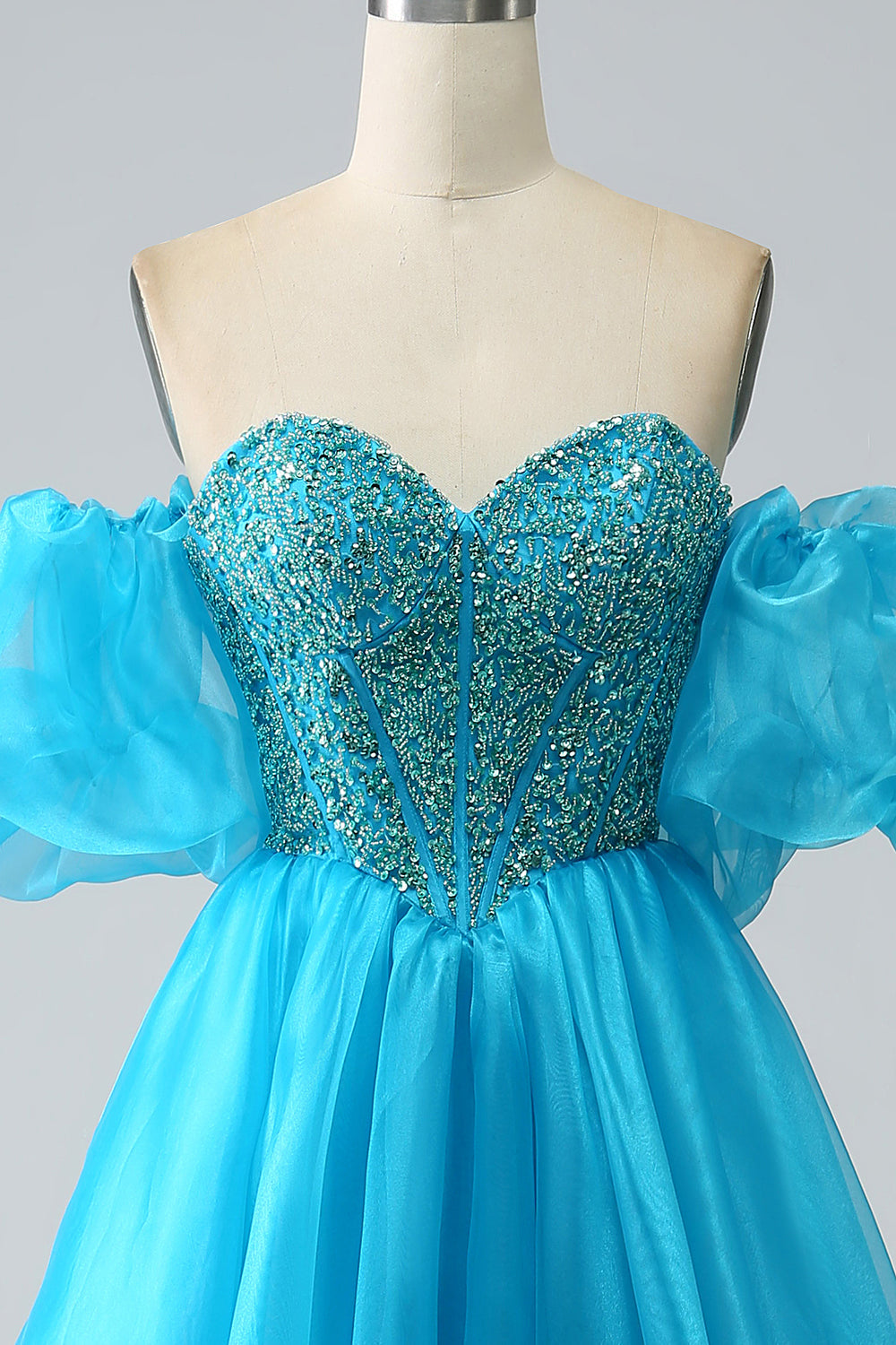 Robe de soirée Corset perlé bleu avec manches amovibles