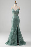 Spaghetti Staps brillant gris vert robe de Soirée avec perles
