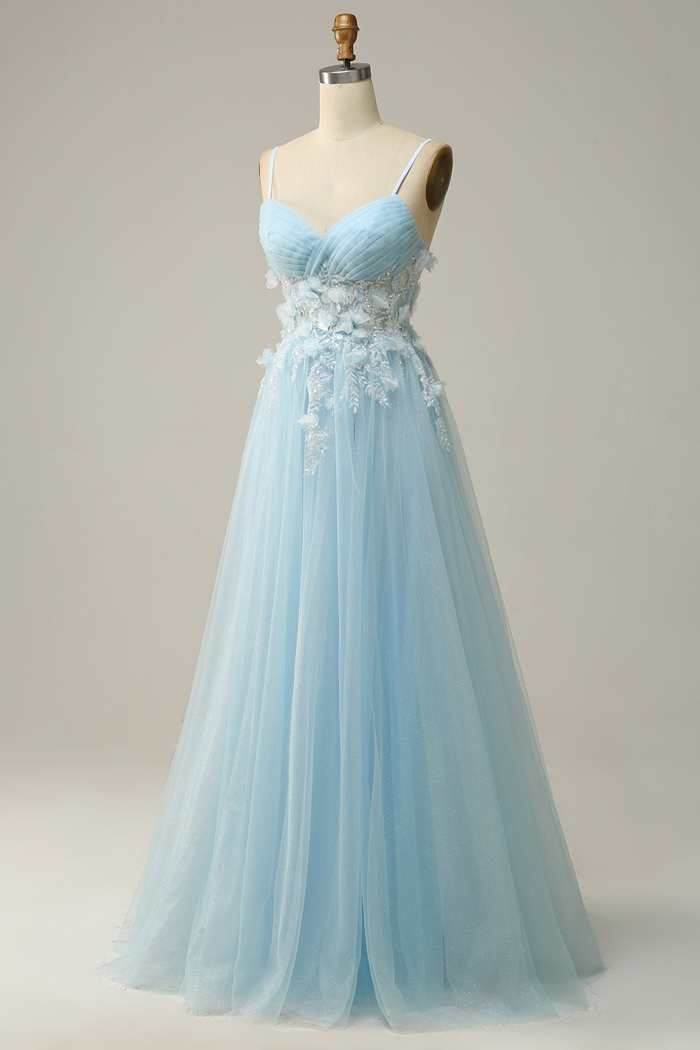 Une ligne Bretelles Spaghetti Robe de Soirée bleu ciel avec appliques