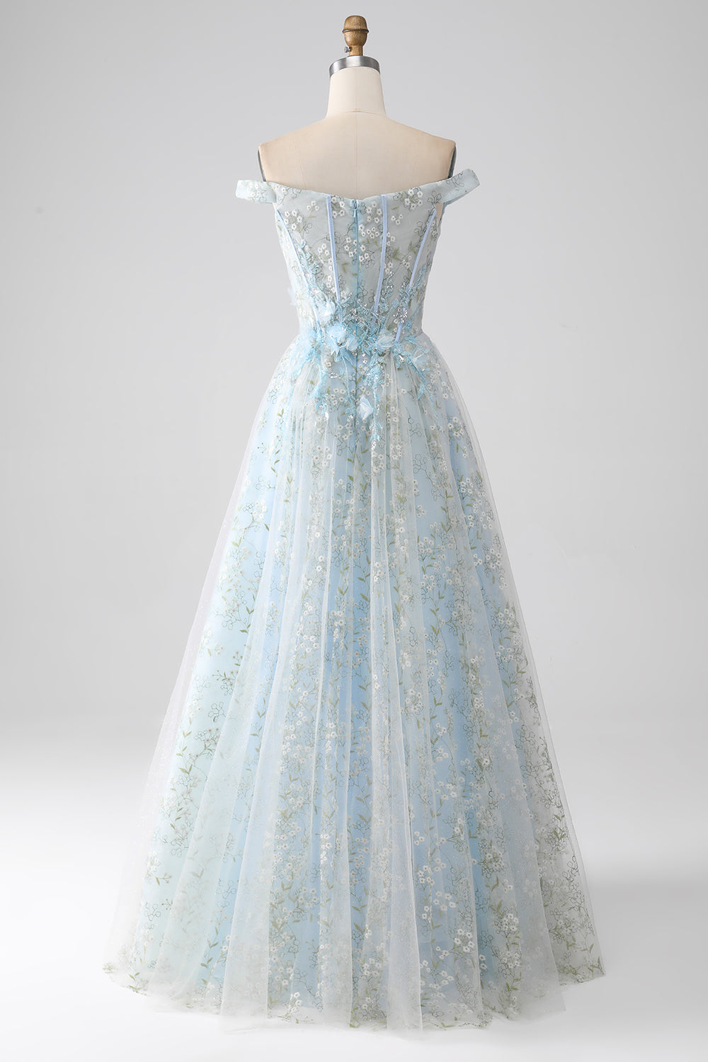 Robe de soirée longue Corset à épaules longues bleu clair A-ligne