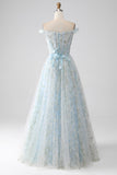 Robe de soirée longue Corset à épaules longues bleu clair A-ligne