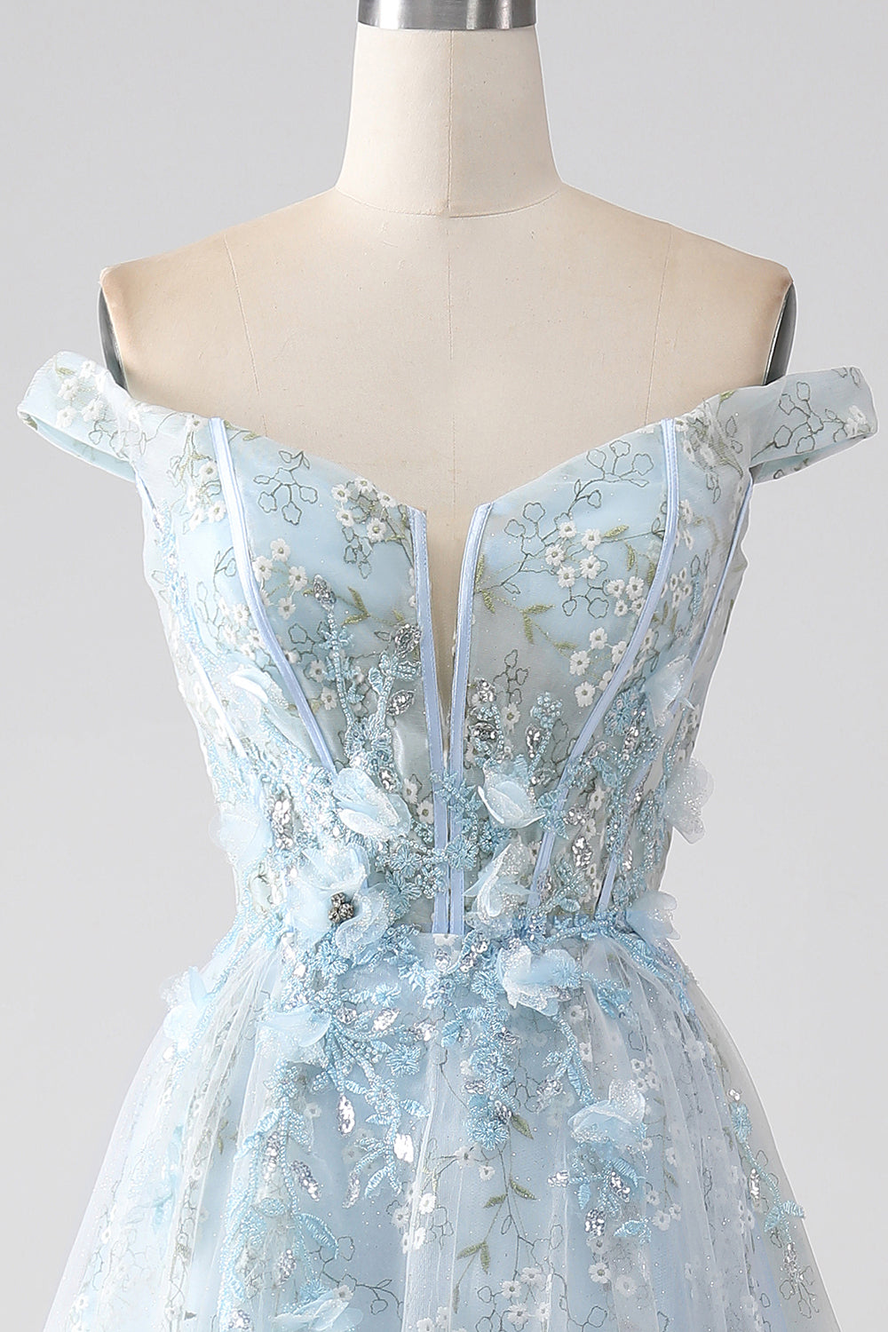 Robe de soirée longue Corset à épaules longues bleu clair A-ligne