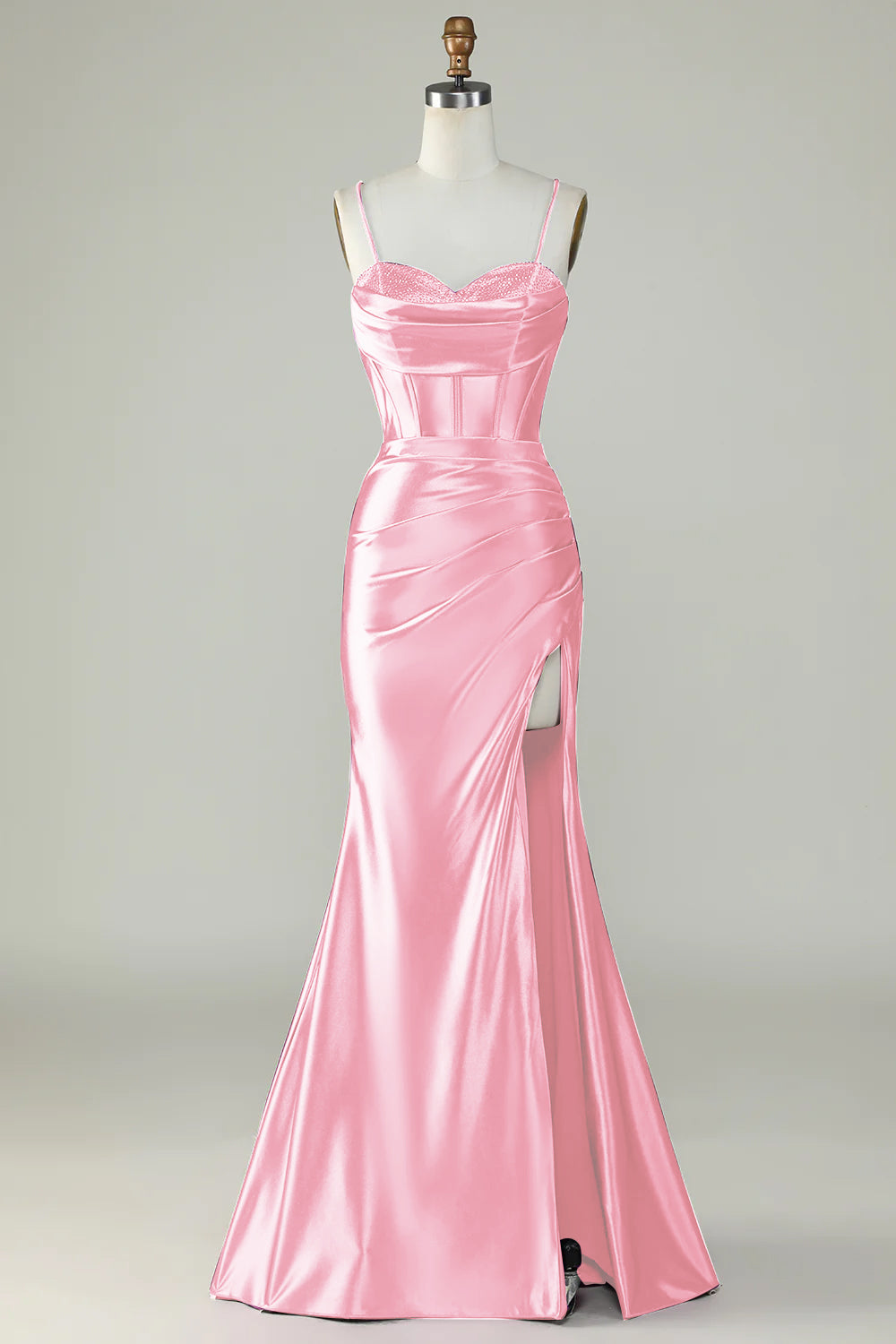 Robe de bal longue à bretelles spaghetti sirène bleu royal avec fente