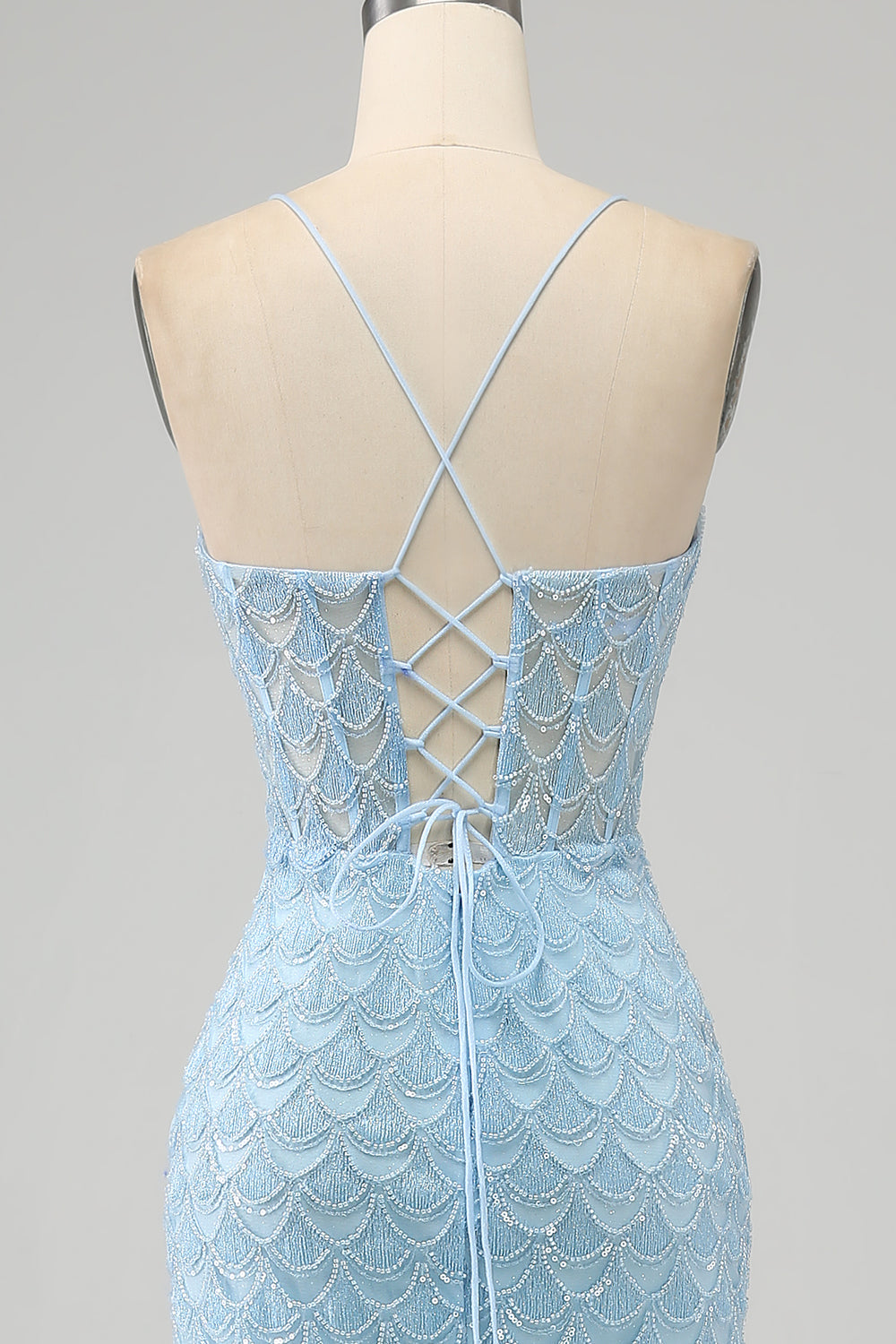 Glitter Bleu clair Spaghetti Bretelles Sirène Robe de soirée avec fente