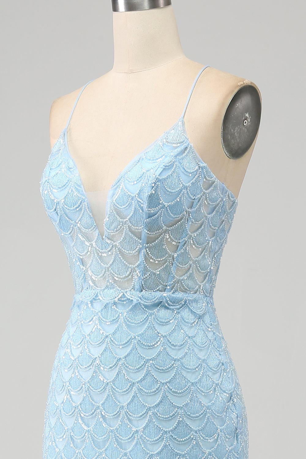 Glitter Bleu clair Spaghetti Bretelles Sirène Robe de soirée avec fente