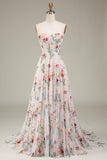 Robe de soirée longue en forme de A avec corset et fleurs