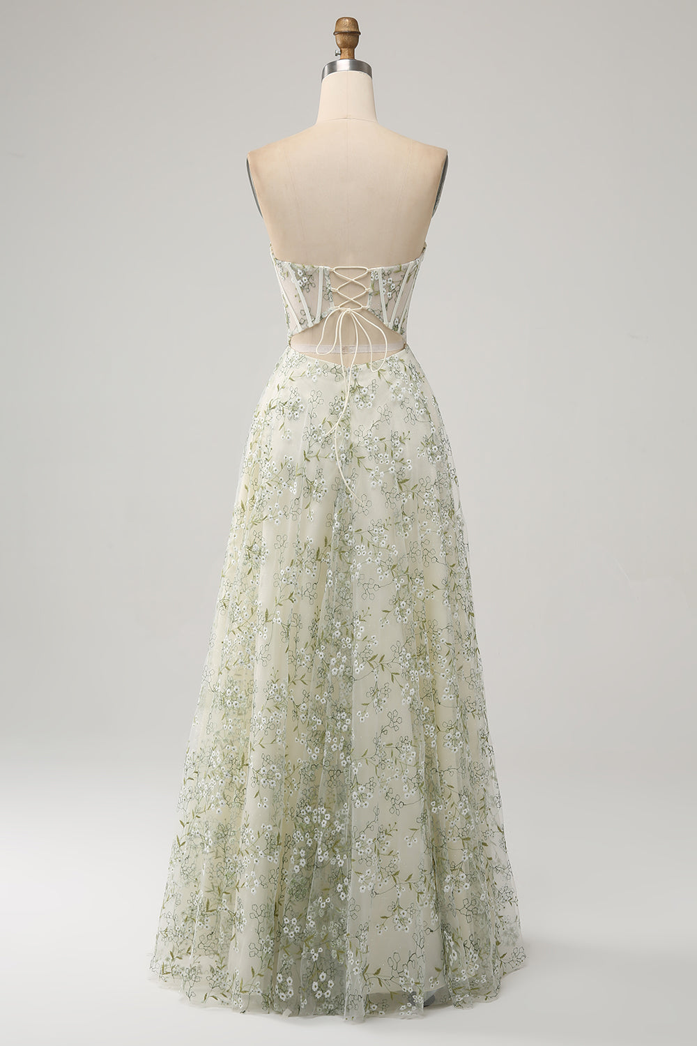 Robe de soirée corset trapèze trapèze vert clair avec broderie