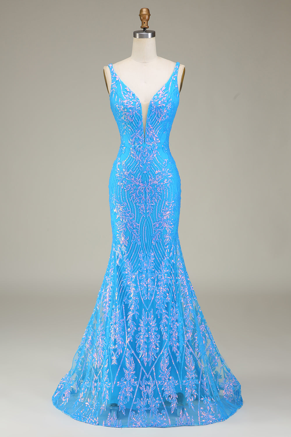 Robe de bal sirène à col en V profond bleu scintillant