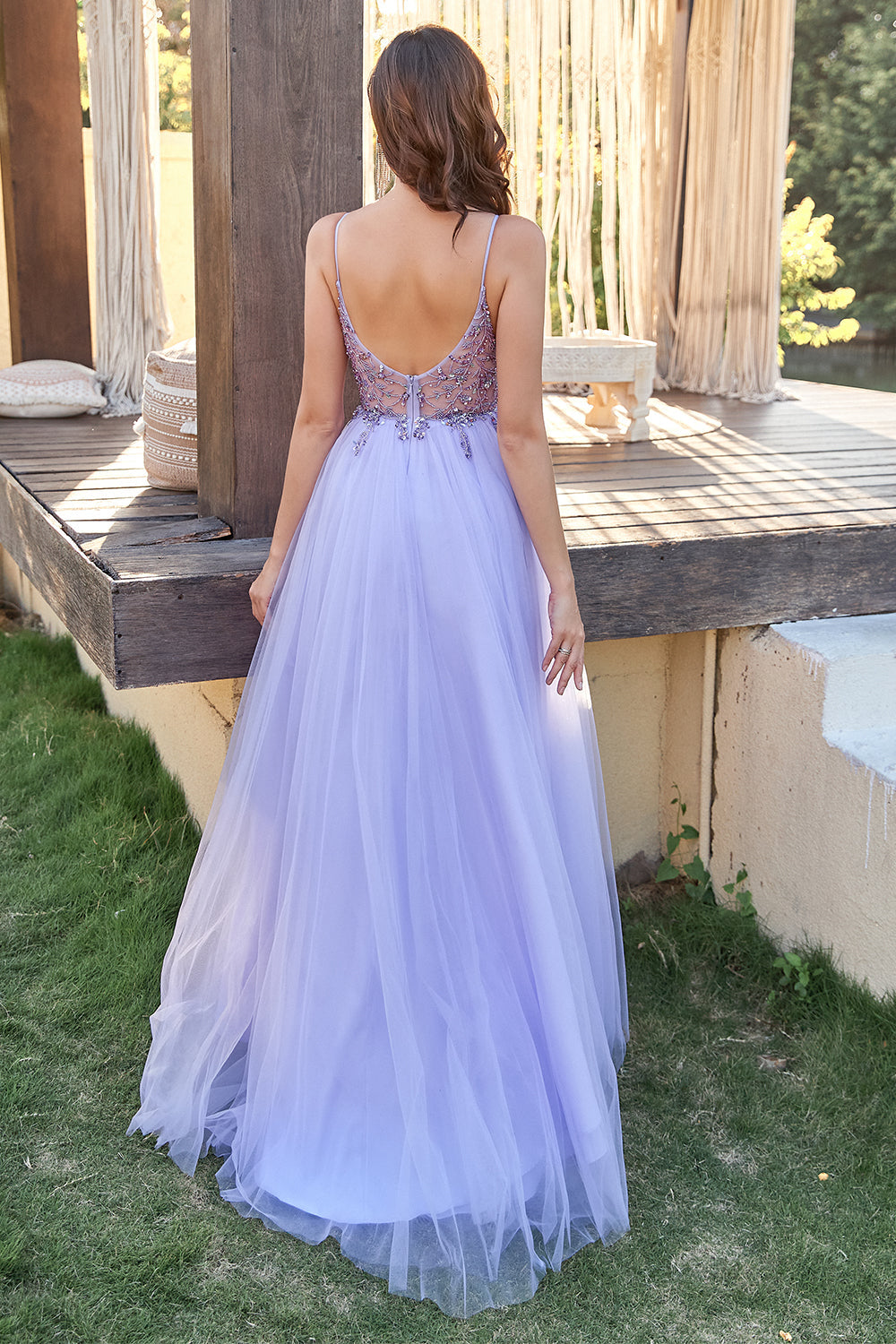 Robe de bal en tulle lavande A-line avec perles