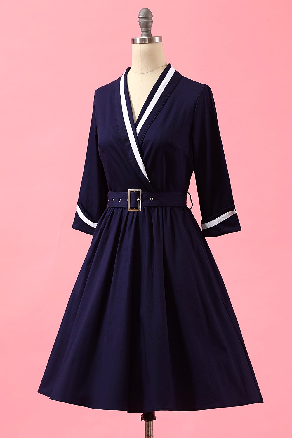 Robe Portefeuille Patchwork Bleu Marine à Col en V