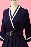 Robe Portefeuille Patchwork Bleu Marine à Col en V