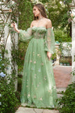 Robe de Soirée à manches longues vert Off The Shoulder A-Line