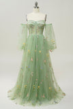Vert sur l’épaule Manches longues A-Line Robe de Soirée