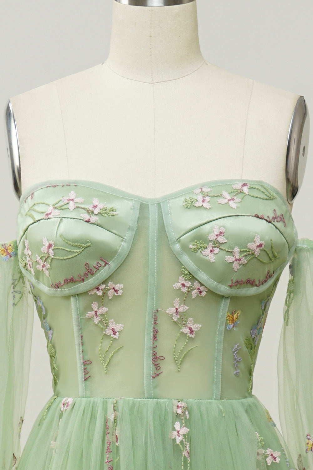 Vert sur l’épaule Manches longues A-Line Robe de Soirée