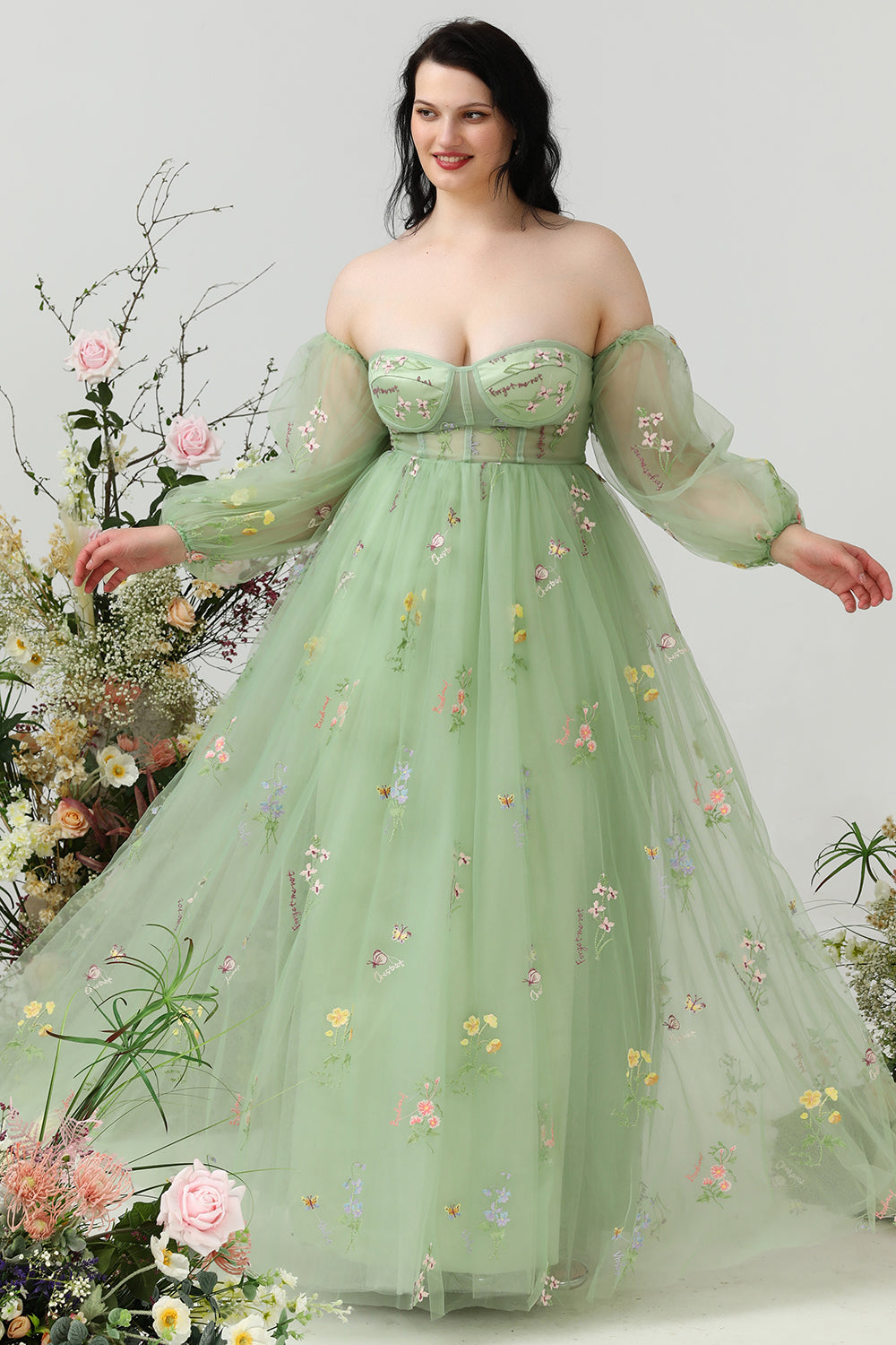 Une ligne de robe de bal vert épaule plus grande taille avec broderie