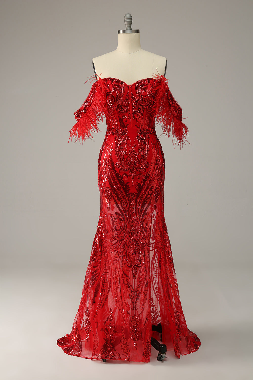 Sirène de l’épaule Burgundy Plus Robe de bal avec plumes