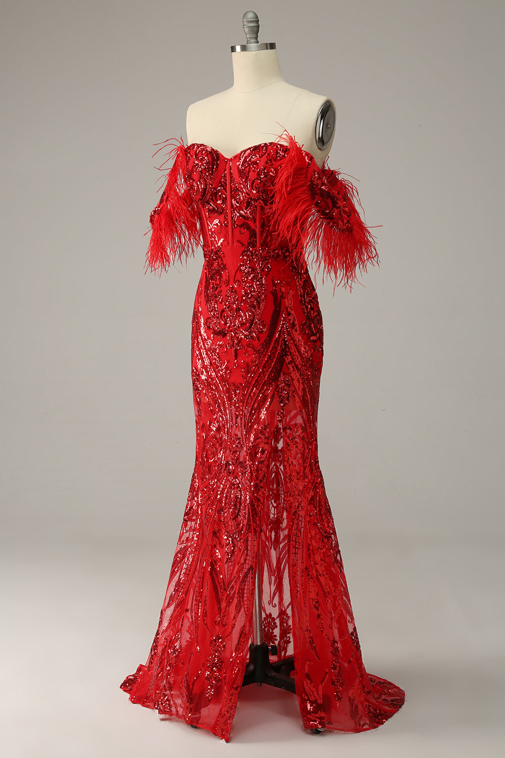 Sirène de l’épaule Burgundy Plus Robe de bal avec plumes