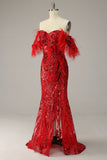Sirène de l’épaule Burgundy Plus Robe de bal avec plumes
