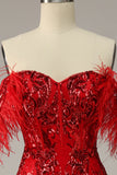 Sirène de l’épaule Burgundy Plus Robe de bal avec plumes