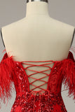 Sirène de l’épaule Burgundy Plus Robe de bal avec plumes