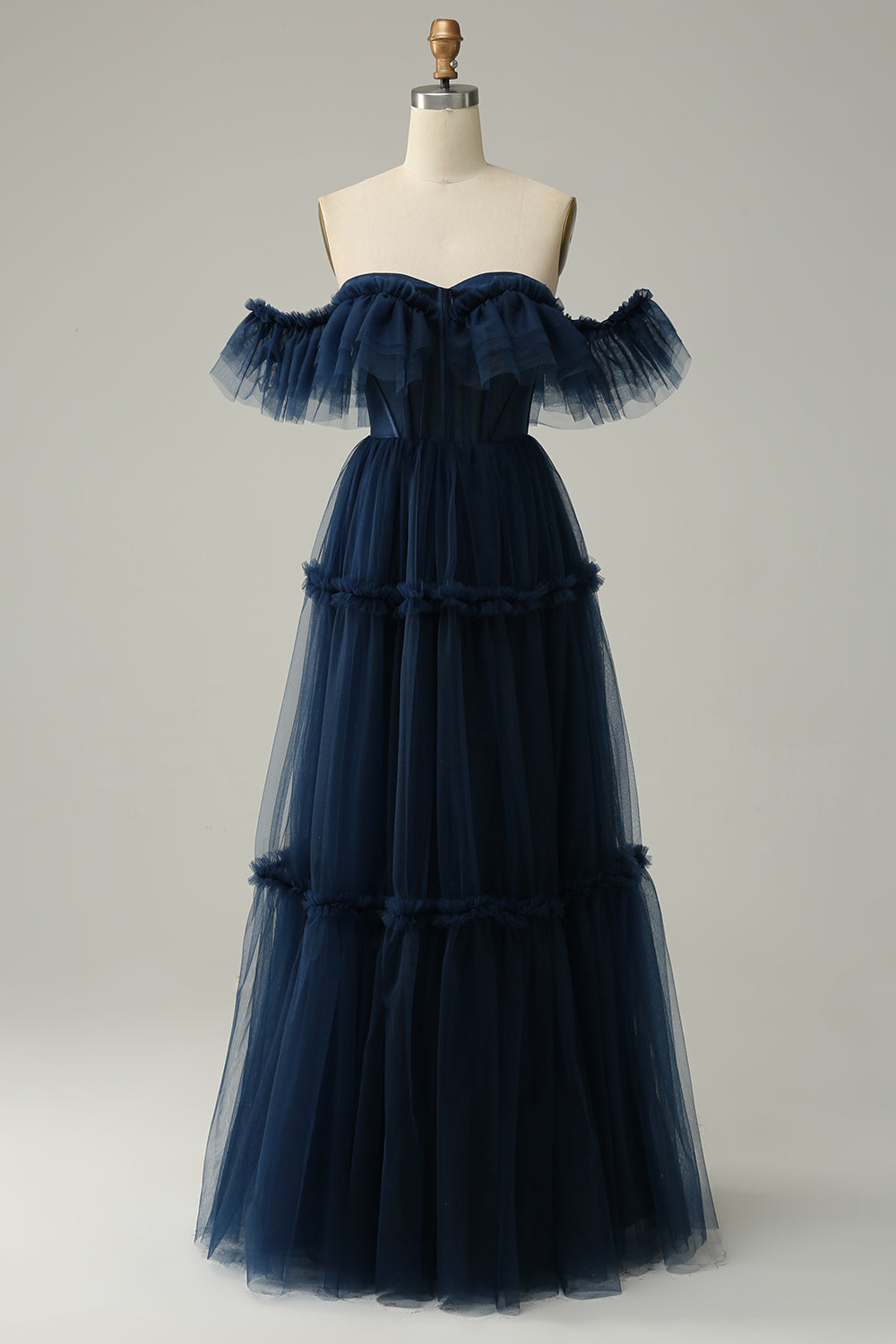 A-ligne hors de l'épaule sweetheart tulle bleu marine longue robe de soirée