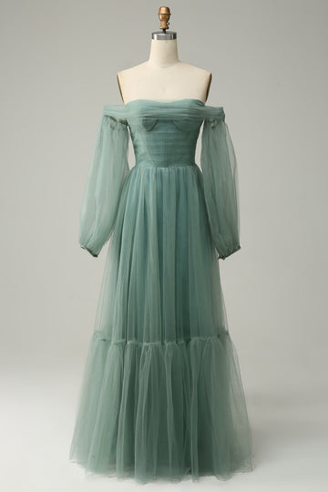 Robe de soirée Tull vert A-line gris à l’épaule avec manches longues