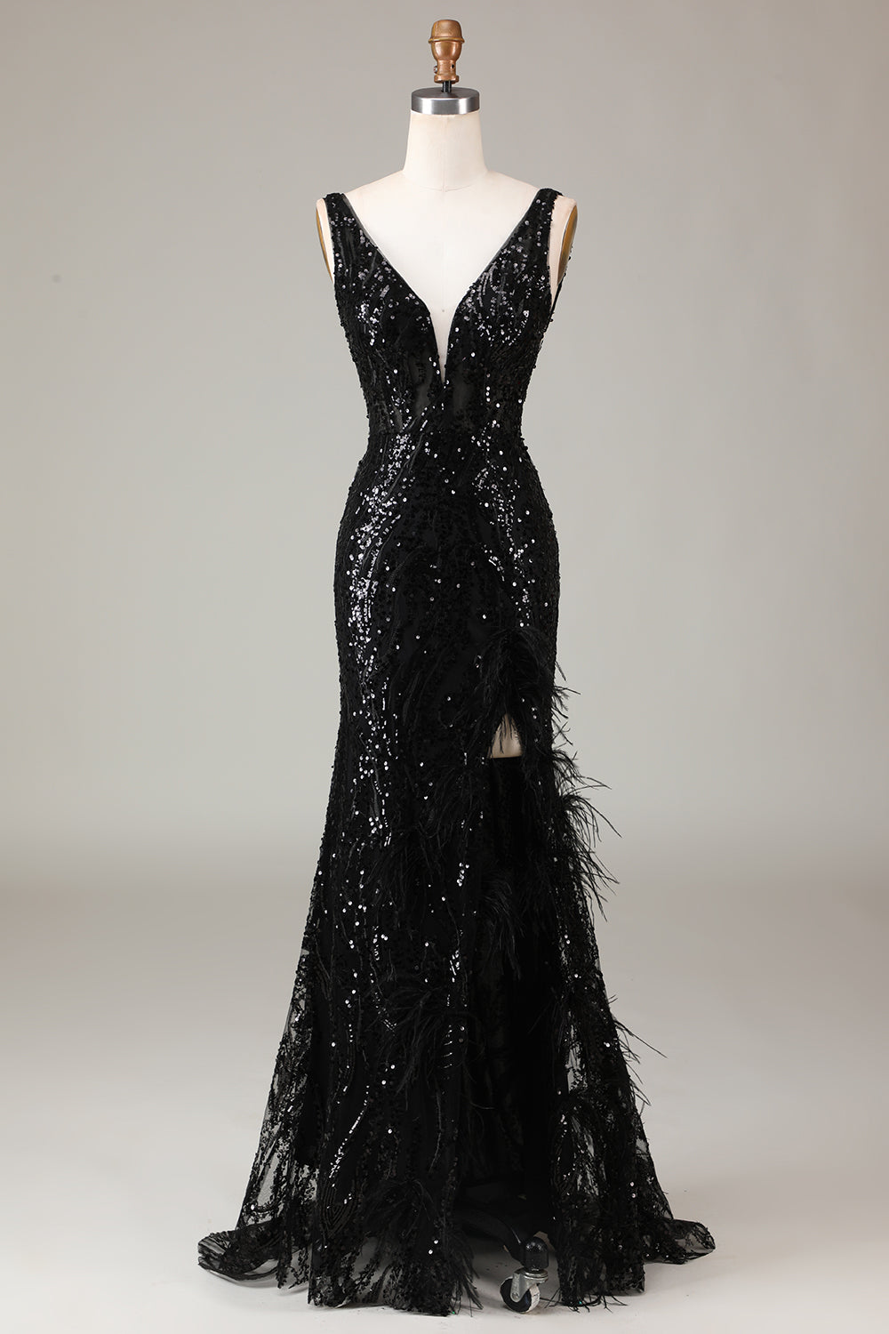 Robe de soirée longue sirène à col en V Depp noir scintillant avec plumes
