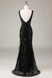 Robe de soirée longue sirène à col en V Depp noir scintillant avec plumes