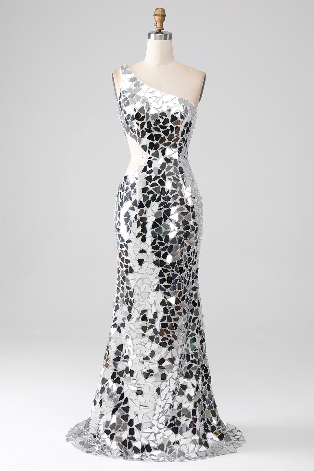 Sirène argent miroir paillettes une épaule Robe de soirée avec évidage