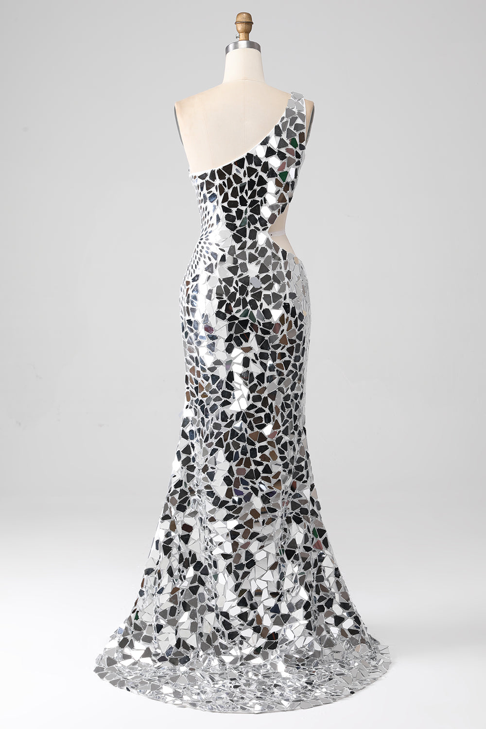 Sirène argent miroir paillettes une épaule Robe de soirée avec évidage