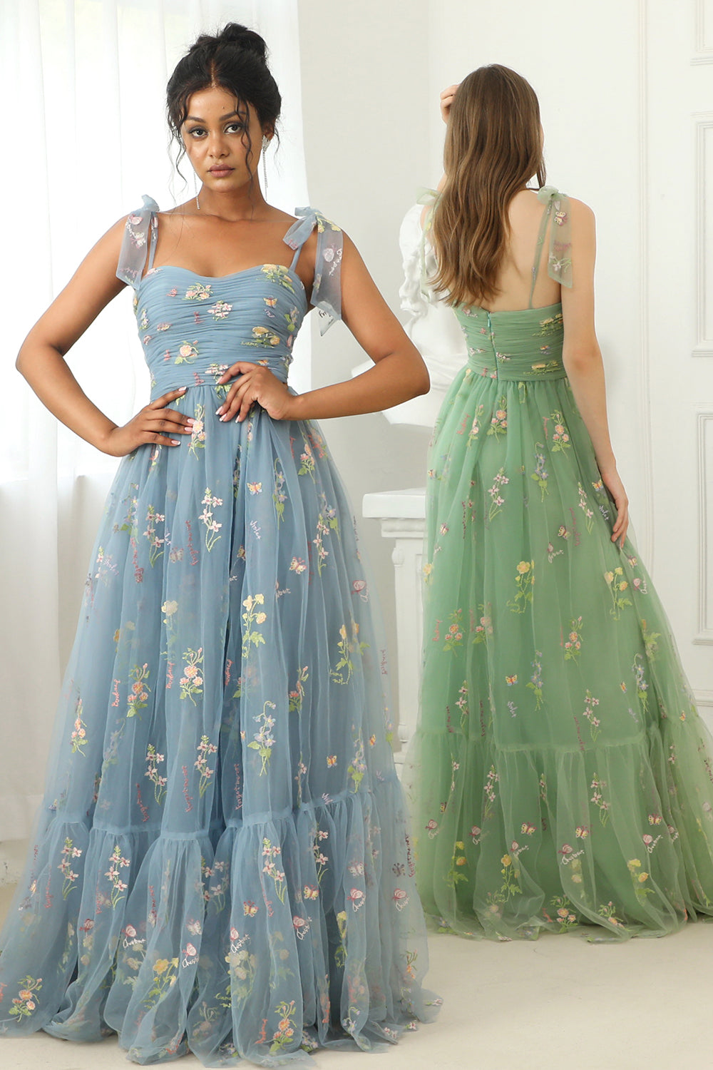 Robe de soirée longue bleue grise avec broderie