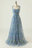 Robe de soirée longue bleue grise avec broderie